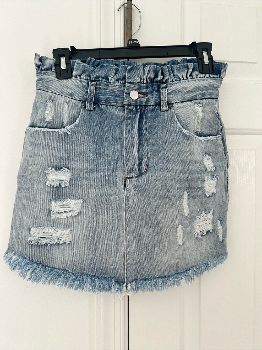 Light Wash Distressed Denim Mini Skirt with Paperbag Waist